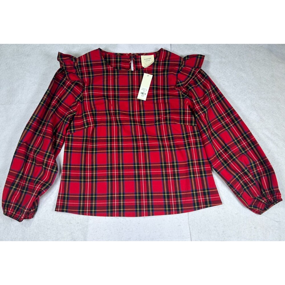 Harper Heritage Francesca's Womens M Red Plaid Ruffle Shoulder LongSleeve Blouse